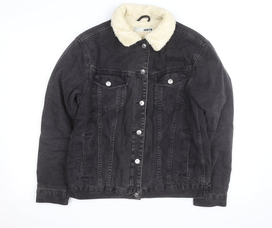 Topshop Mens Moto Black Sherpa Denim Jacket M Classic Winter Warm