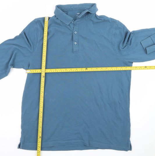 Marks and Spencer Men's Blue Long Sleeve Cotton Polo Shirt XL