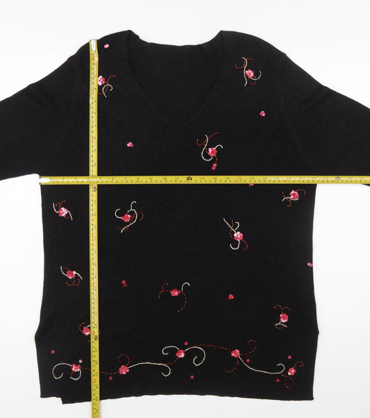 Marks and Spencer Women Black Floral Embroidered V-Neck Jumper Size 20