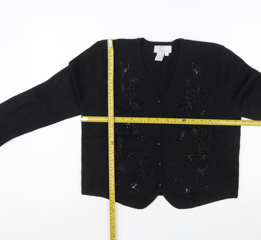 Eaton Petites Women's Black Beaded Wool Blend Cardigan M Petite