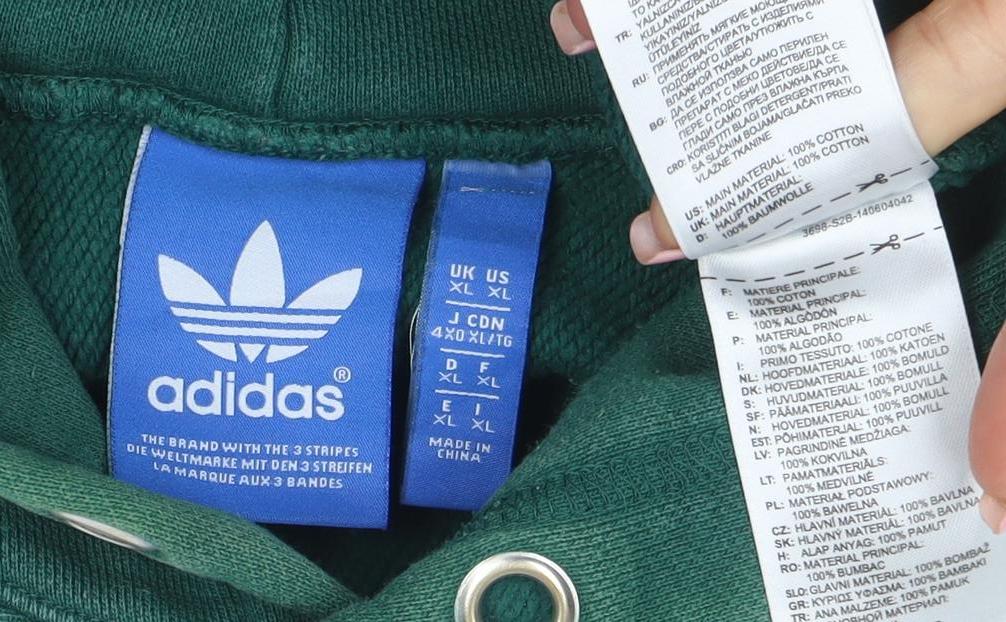 Adidas Mens Green XL Pullover Hoodie Cotton Fleece Logo Sweatshirt