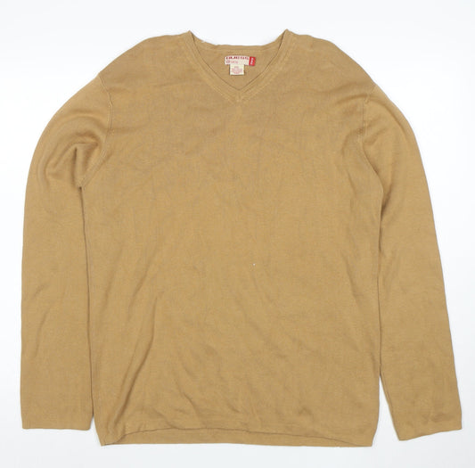 Guess Men Beige XXL V-Neck Cotton Pullover Jumper