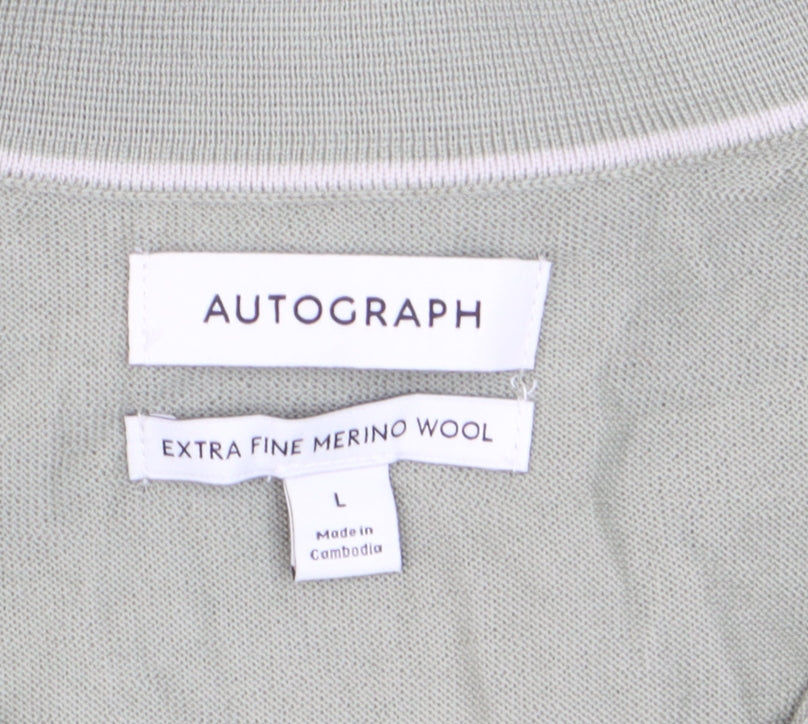 Marks and Spencer Autograph Men's Green Merino Wool L Collared Henley Jumper