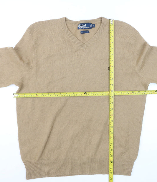 Ralph Lauren Men’s Beige Lambswool V-Neck Jumper Size L Classic Knit
