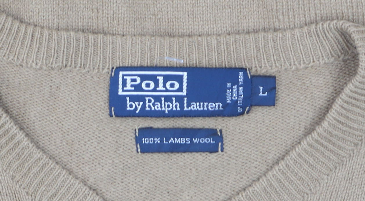 Ralph Lauren Men’s Beige Lambswool V-Neck Jumper Size L Classic Knit