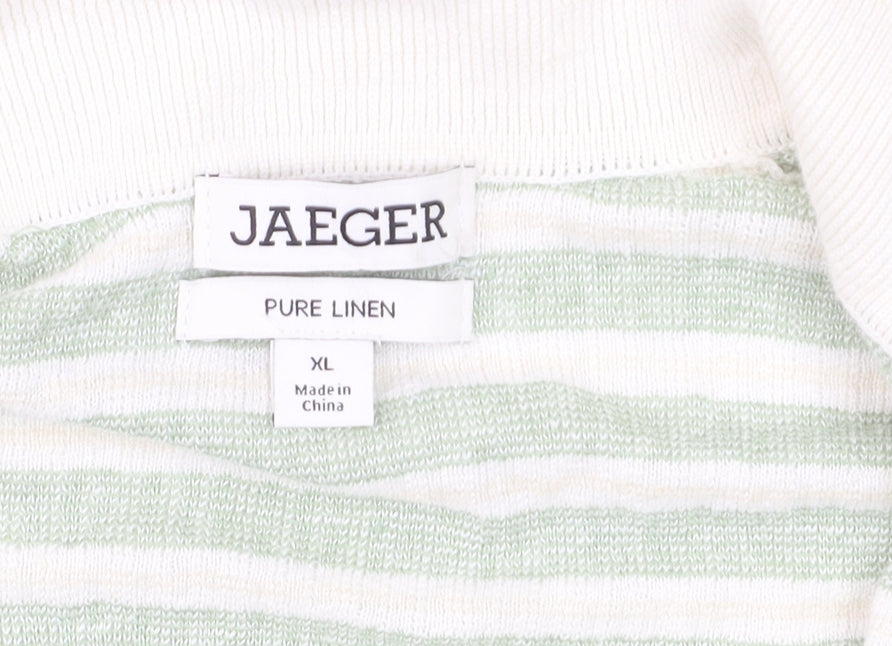 Jaeger Women’s Green White Linen Striped Collared Polo Top XL