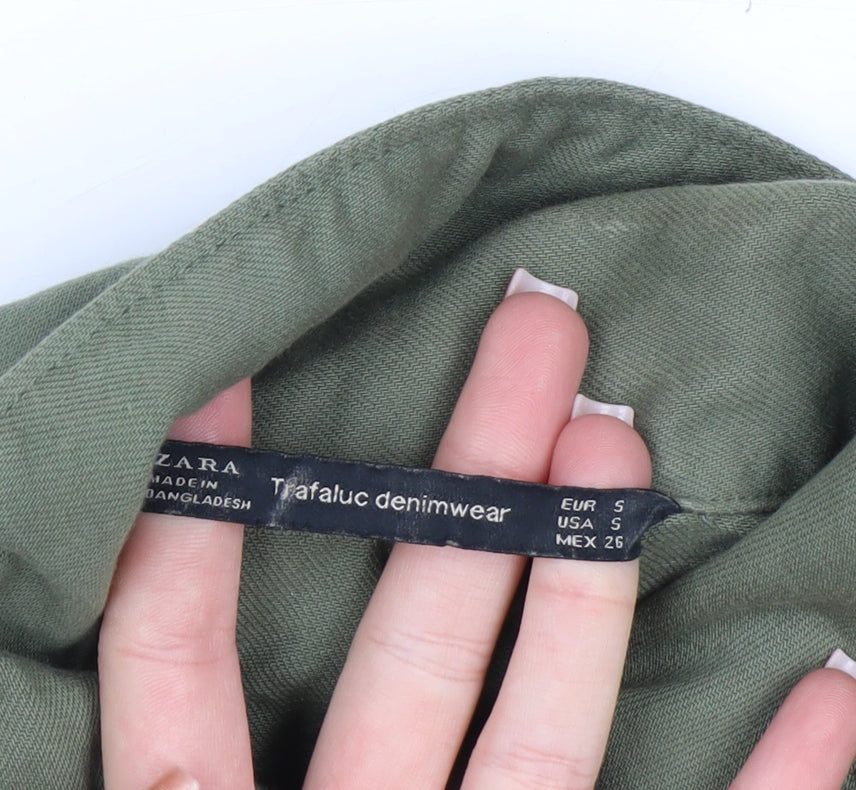 ZARA Women Green Military Button-Up Twill Cotton Shirt Size 8