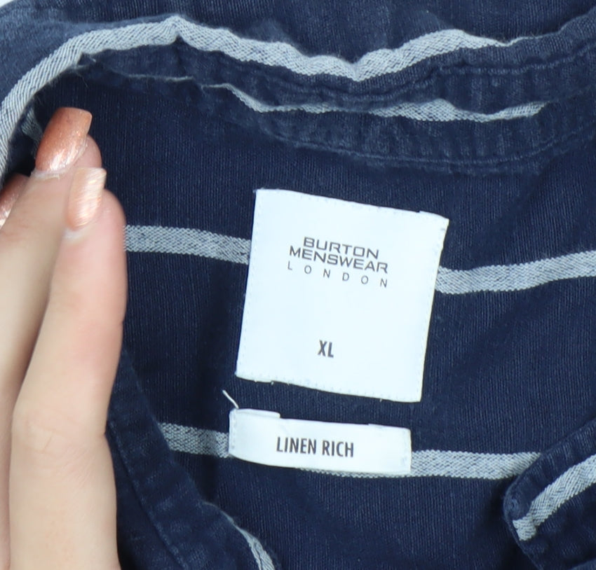 Burton Menswear Blue Striped Linen Blend Short Sleeve Shirt XL