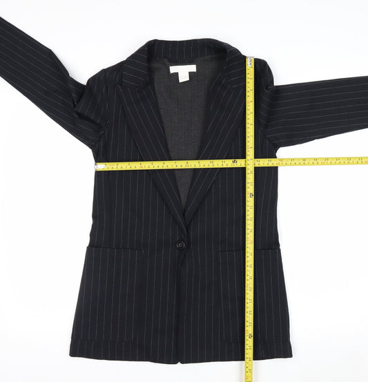H&M Women Black Pinstripe Single-Breasted Blazer UK 6