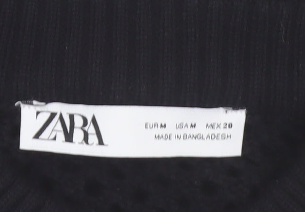 ZARA Women’s Black Cotton Open-Knit Full Zip Cropped Jumper Size 12
