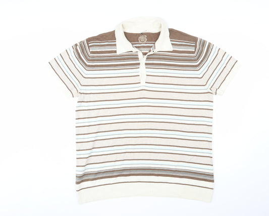 Burton Mens Beige Brown Striped Polo Shirt L Cotton Classic Fit
