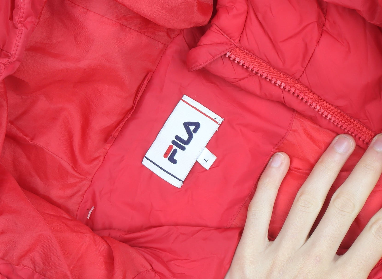 FILA Men's Red Long Puffer Coat Hooded Quilted Insulated L