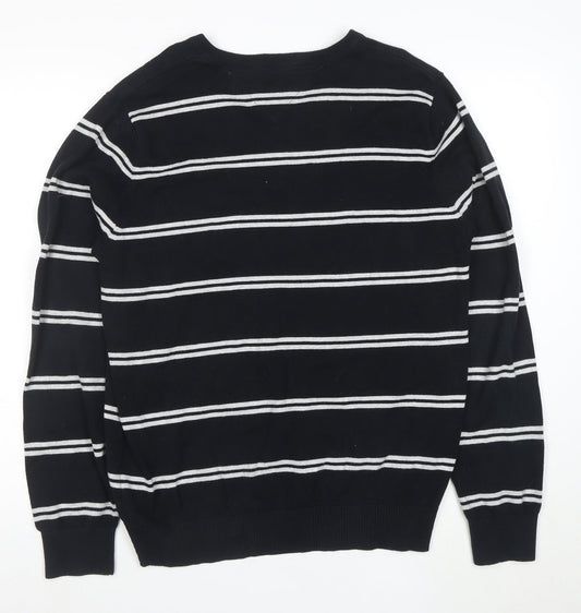 Tommy Hilfiger Men's Black V-Neck Striped Cotton Pullover Jumper L