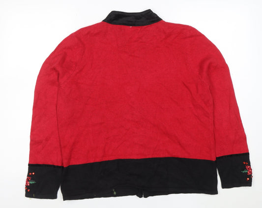 Carly St. Claire Women's Red Christmas Embroidered Cardigan Size L