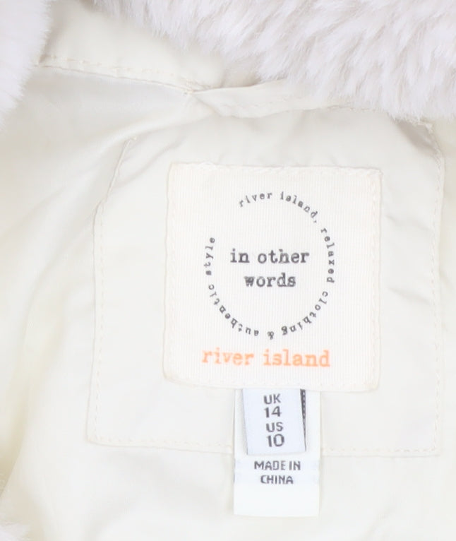 River Island Women Ivory Quilted Faux Fur Collar Jacket Size 14