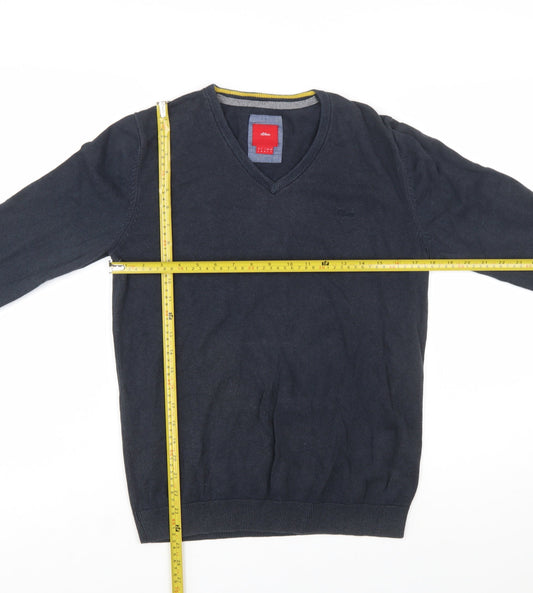 s.Oliver Men's Blue V-Neck Cotton Jumper Size S