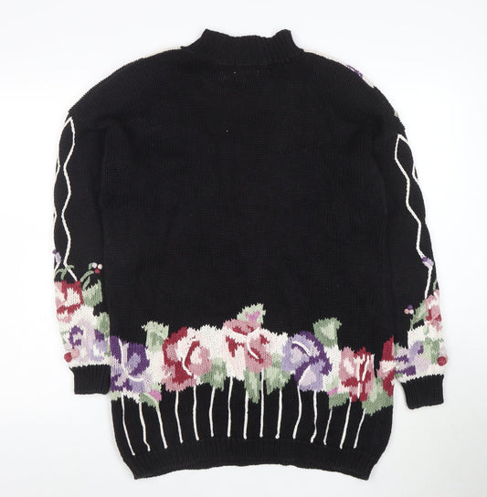 Boaz Womens Black Floral Mock Neck Chunky Knit Jumper Size M