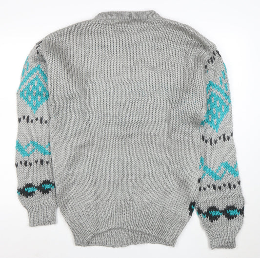 Club International Men's Grey Chunky Knit Geometric Pullover Jumper S