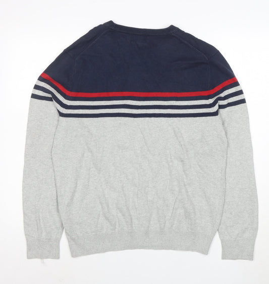 Nautica Men’s Grey Navy Striped Cotton Crew Neck Jumper M