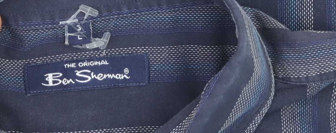Ben Sherman Men's Blue Striped Long Sleeve Cotton Dress Shirt Size L