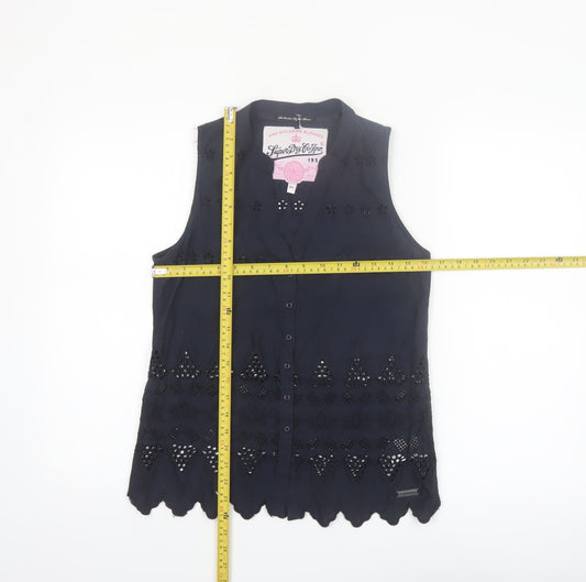 Superdry Women Blue Sleeveless Cotton Broderie Blouse XS