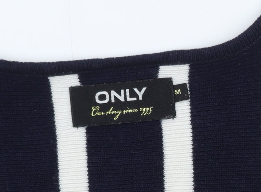ONLY Women's Navy Blue Striped V-Neck Knit Jumper Size M