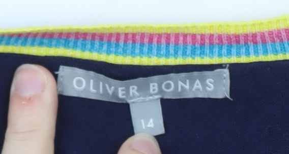 Oliver Bonas Women Navy Blue Jumper Size 14 Crew Neck Embroidered Hell Yeah Knit