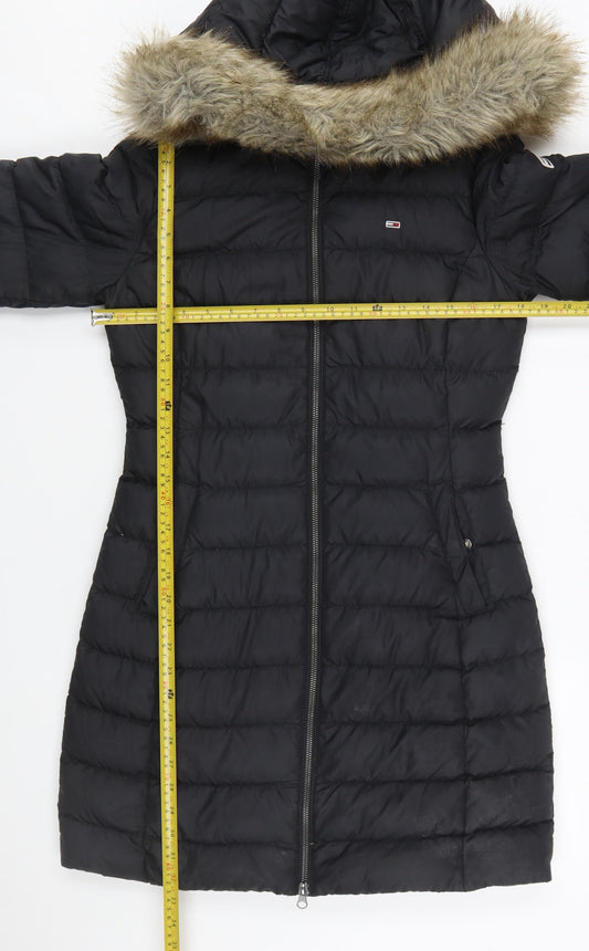 Tommy Jeans Women’s Black Long Puffer Coat Hooded Faux Fur Trim Size S