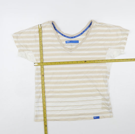 Adidas Womens Beige Striped V-Neck Cotton T-Shirt Size 10