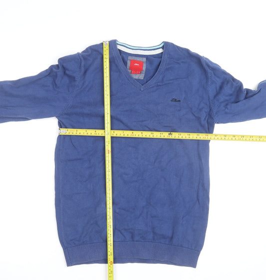 s.Oliver Men's Blue V-Neck Cotton Jumper Size M Classic Knitwear