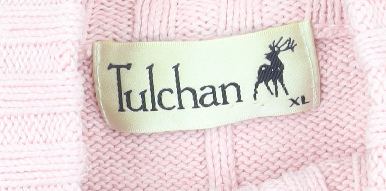 Tulchan Women Pink XL Cable-Knit Cotton Mock Neck Pullover Jumper