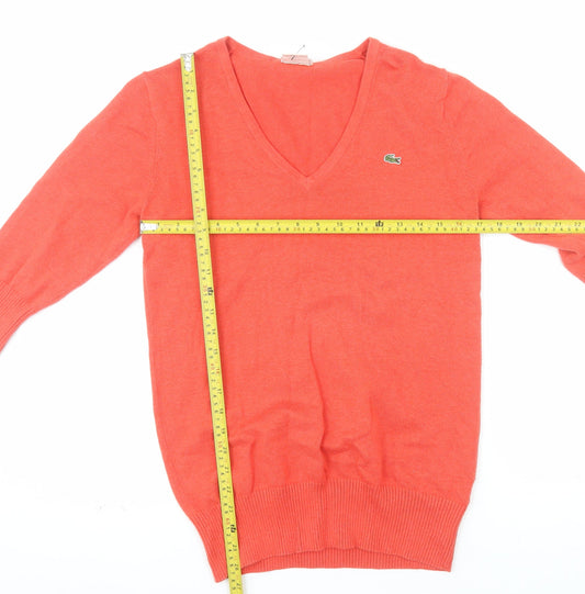 Lacoste Womens Orange V-Neck Cotton Cashmere Jumper Size 14