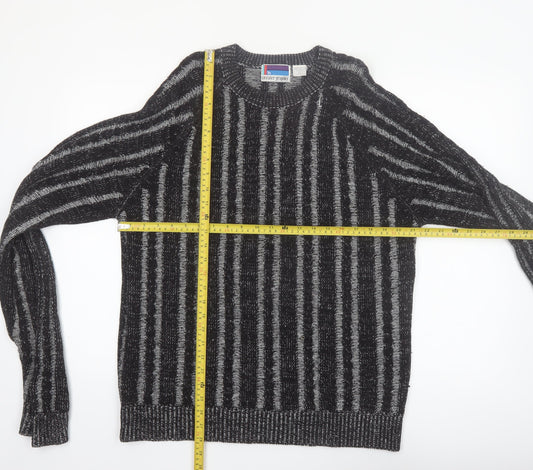 Sweater Graphix Men's Black Striped Acrylic Crew Neck Jumper L Vintage