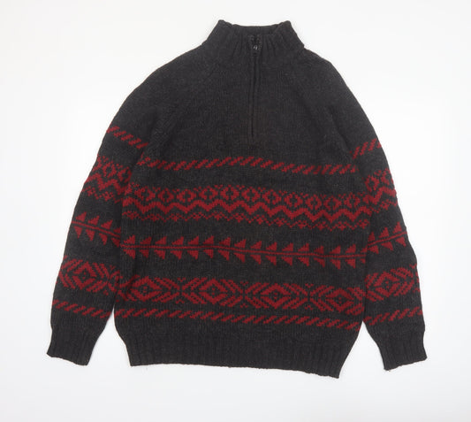 R&R Mens Black Red Fair Isle Half Zip Wool Blend Jumper M