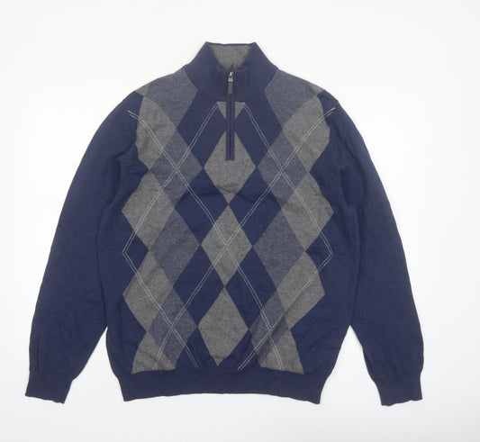Tasso Elba Men’s Blue Argyle Cotton 1/2 Zip Jumper Size L
