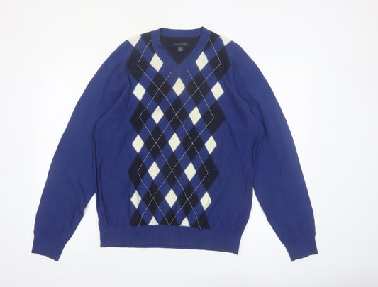 Tommy Hilfiger Men's Blue Argyle V-Neck Cotton Jumper Size M