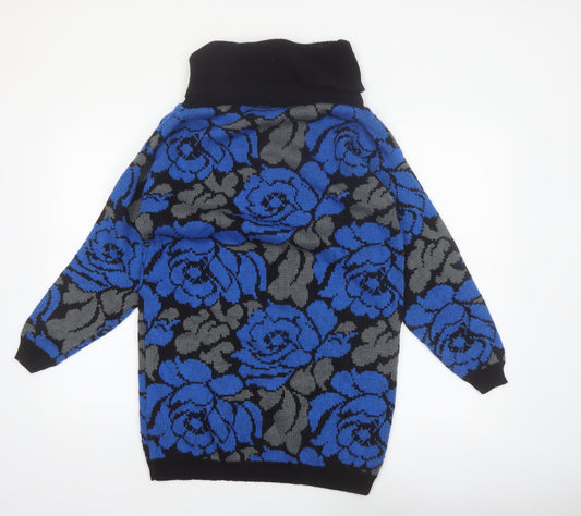Gitano Women Blue Floral Roll Neck Long Sleeve Knit Jumper L