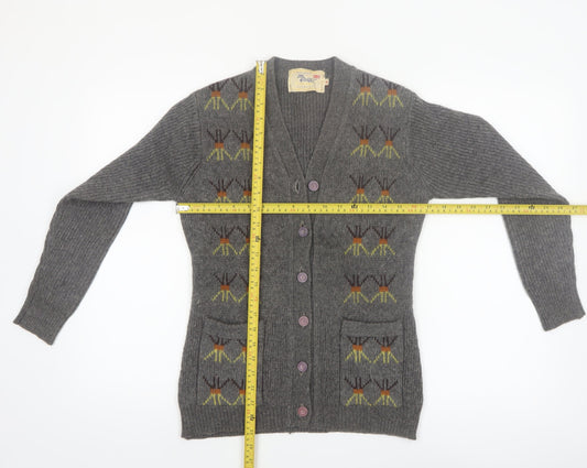 Golden Horse Women's Grey Wool Cardigan M V-Neck Geometric Vintage
