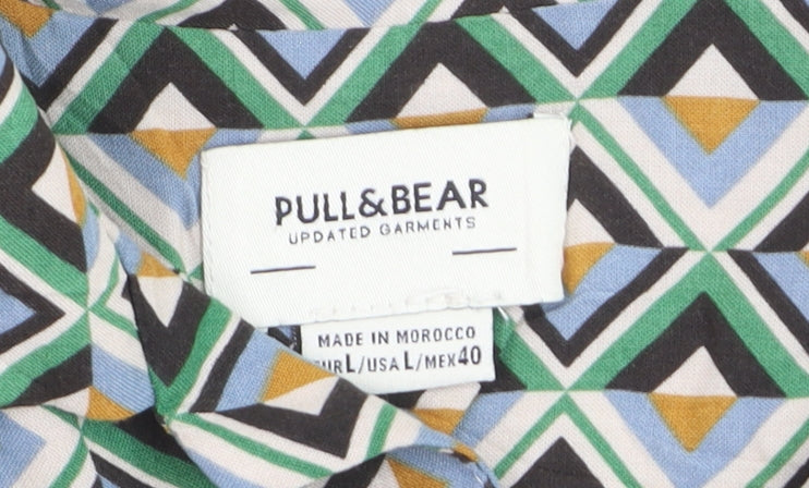 Pull & Bear Men's Multicoloured Geometric Short Sleeve Button-Up Shirt Size L