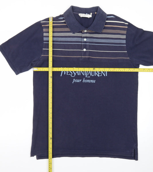 Yves Saint Laurent Pour Homme Blue Striped Cotton Polo Shirt Men's L