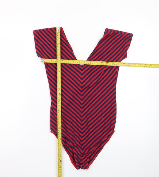 Timestep Womens Red Navy Striped V-Neck Bodysuit Top Size 4