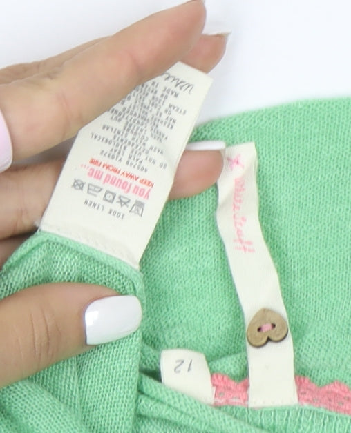 Brand and care label for Miss Selfridge Women’s Green Linen V-Neck Cardigan, size UK 12