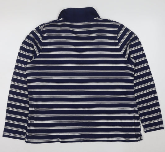 Lands' End Men's Blue Striped Long Sleeve Cotton Polo Shirt L