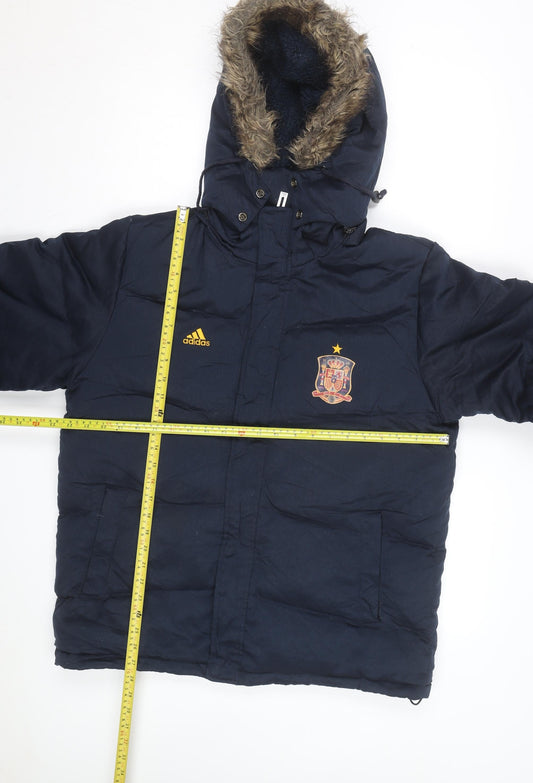 Adidas Men’s Blue Puffer Jacket L Hooded Spain Football Winter Coat