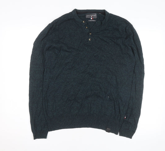 Superdry Mens Green Henley Knit Jumper Size L Long Sleeve Casual