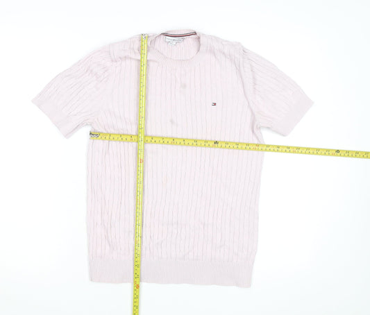 Tommy Hilfiger Men's Pink Cable Knit Cotton Short Sleeve Jumper M