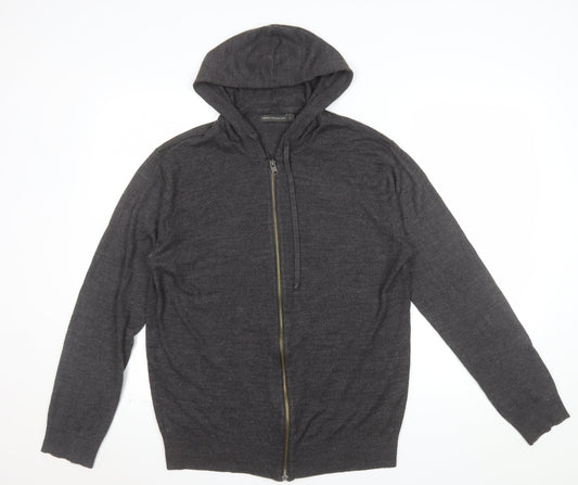 French Connection Men's Grey Wool Full Zip Hooded Jumper Size L