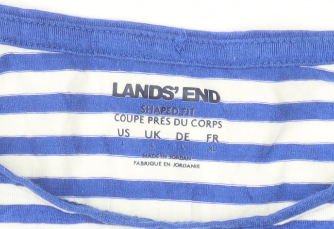 Lands' End Women's Blue White Striped Long Sleeve Cotton Blend T-Shirt L
