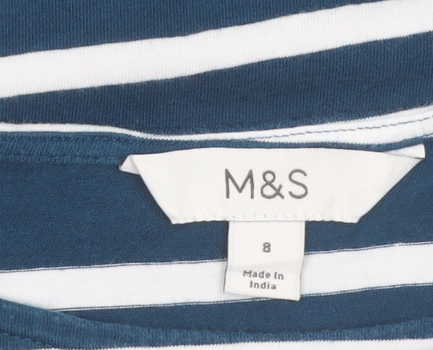 Marks and Spencer Women's Blue Striped Long Sleeve Boat Neck Top Size 8