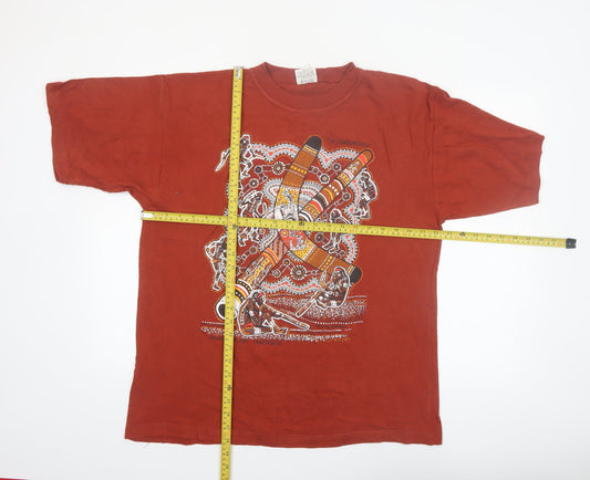 Authentic Aboriginal Art Men's Rust Cotton Graphic T-Shirt Size L